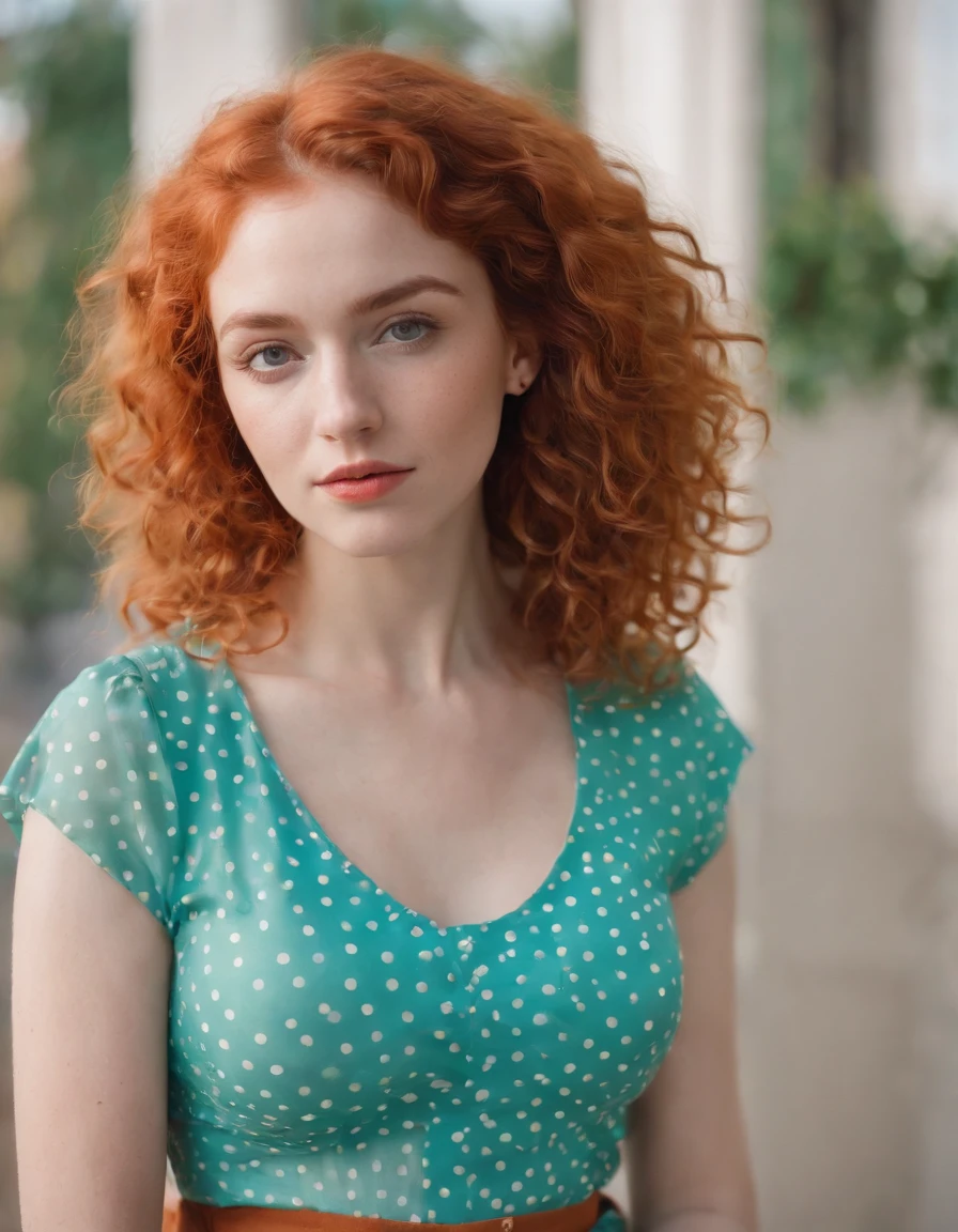 the portrait of a young woman with curly red hair and polka dot skirt, in the style of light orange and turquoise, vibrant color gradients, playful expressions, normcore, vibrant and textured, 1970–present, shiny.