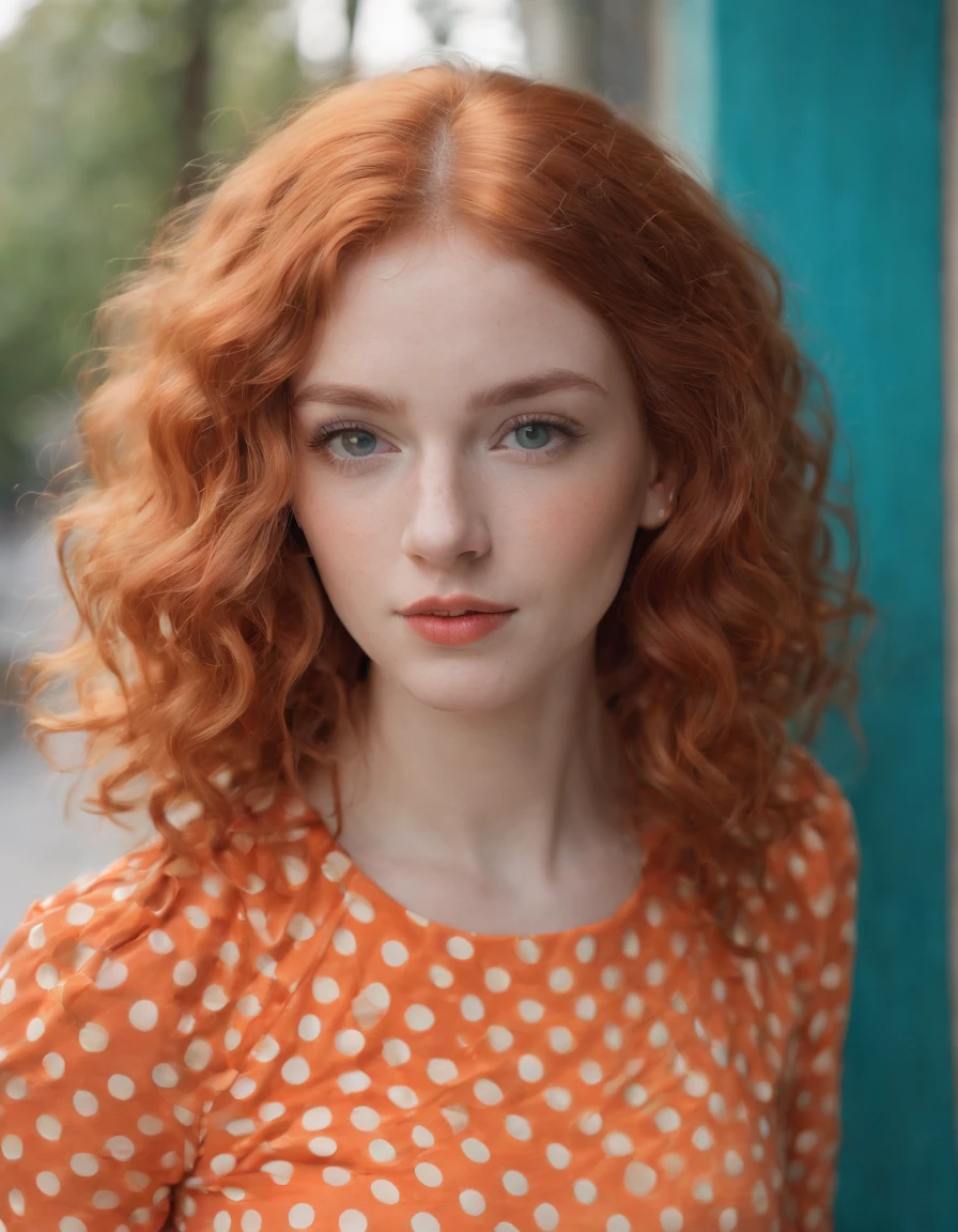the portrait of a young woman with curly red hair and polka dot skirt, in the style of light orange and turquoise, vibrant color gradients, playful expressions, normcore, vibrant and textured, 1970–present, shiny.