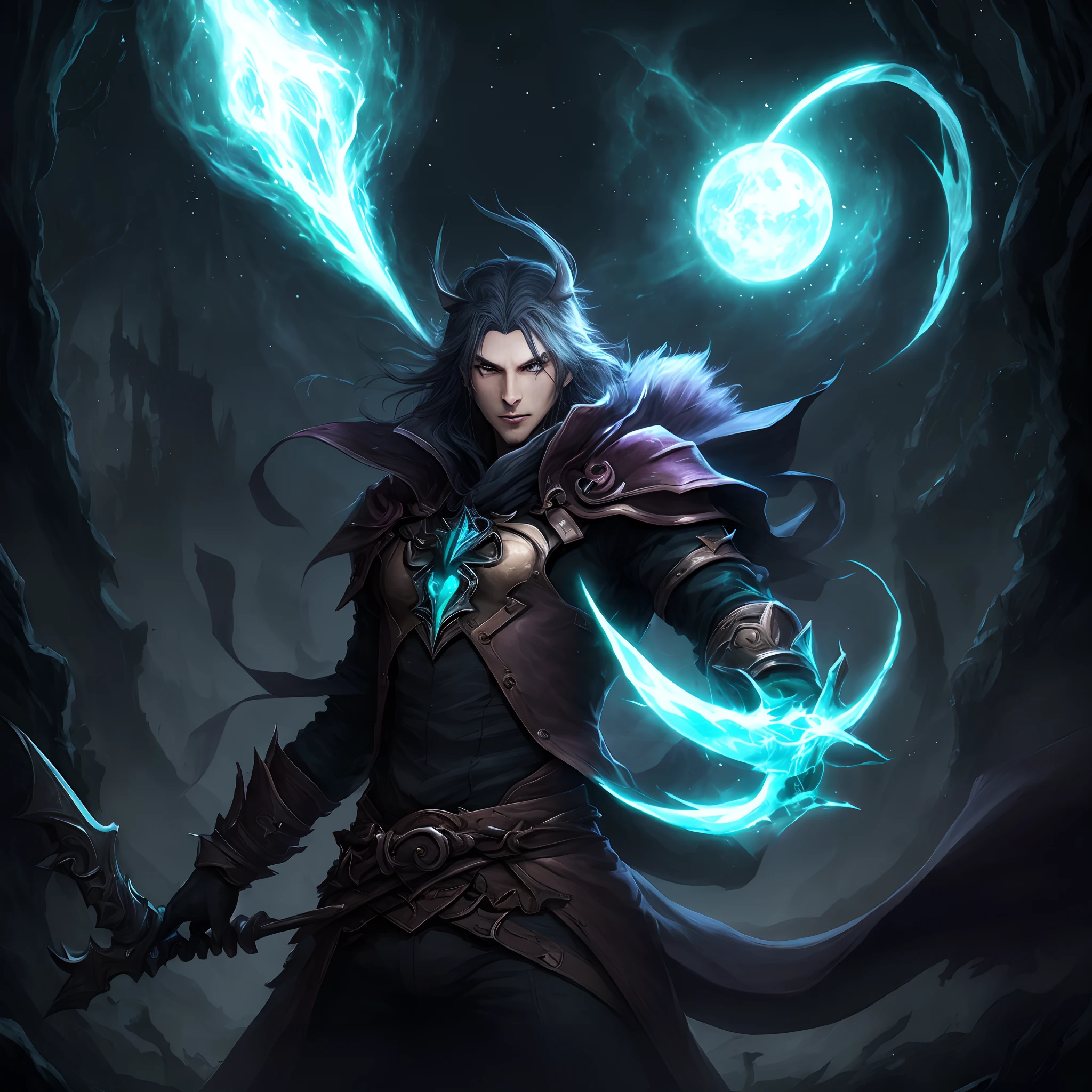 Mago arcanista, holding a magic wand and a skull in his hands, Cabelos Longos, cabelo preto, cabelo liso, pele clara, Rays and dark matter emanating around, meia idade, mascular appearance, head not big, Corpo robusto, sobretudo escuro,