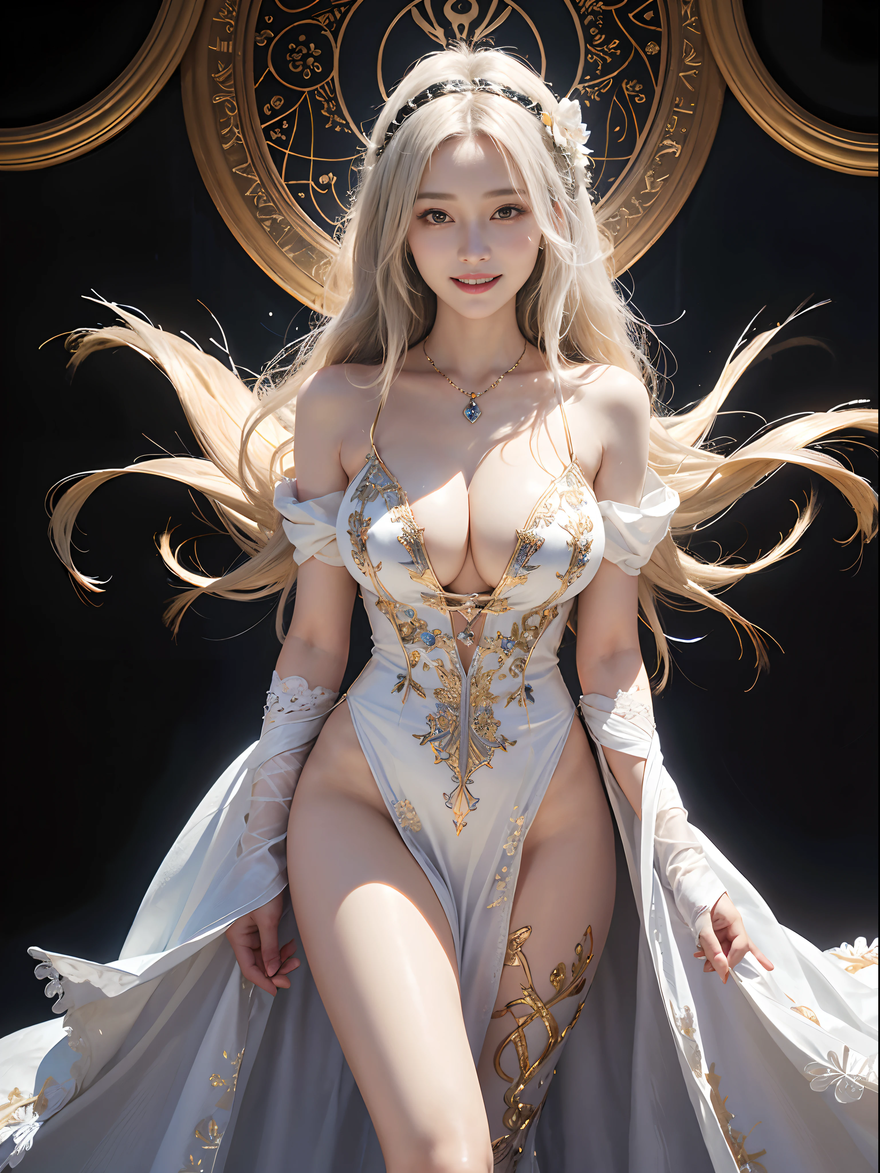 (Front Focus),David Hockney (David Hockney)and Alphonse Mucha (Alphonse Mucha)Surrealist Female Portrait,((Ultra Giant))、(( upper body))、( Exposing)、The Witch's House、((attractive pose))、fantasy art、witches、(((Long golden hair)))、((Sexy roidered white witch costume))、((High quality white witch costume with sexy embdery))、((Sexy Witch、h quality white witch costume with less fabric embroidery))、Sexy embroidereautifully embroidered on a white witch costume,It is decorated with fine witch costumes and fine jewelry with fine embroidery,photographrealistic,Dynamic lighting,Art Station,posters,Volumetric lighting,extra detailed face,4 k'',((tits huge))、With onds,sexy thighs,Abdominalposure ,Burst 1 Girl, Dark In, Deep Shadow, Low tunes, cowboy shots,(Formal attire:1.4), The eyes are confused and fascinated,Leg Apart, ((Bright smile, Smiling teeth, Nice smile)), Look from behind