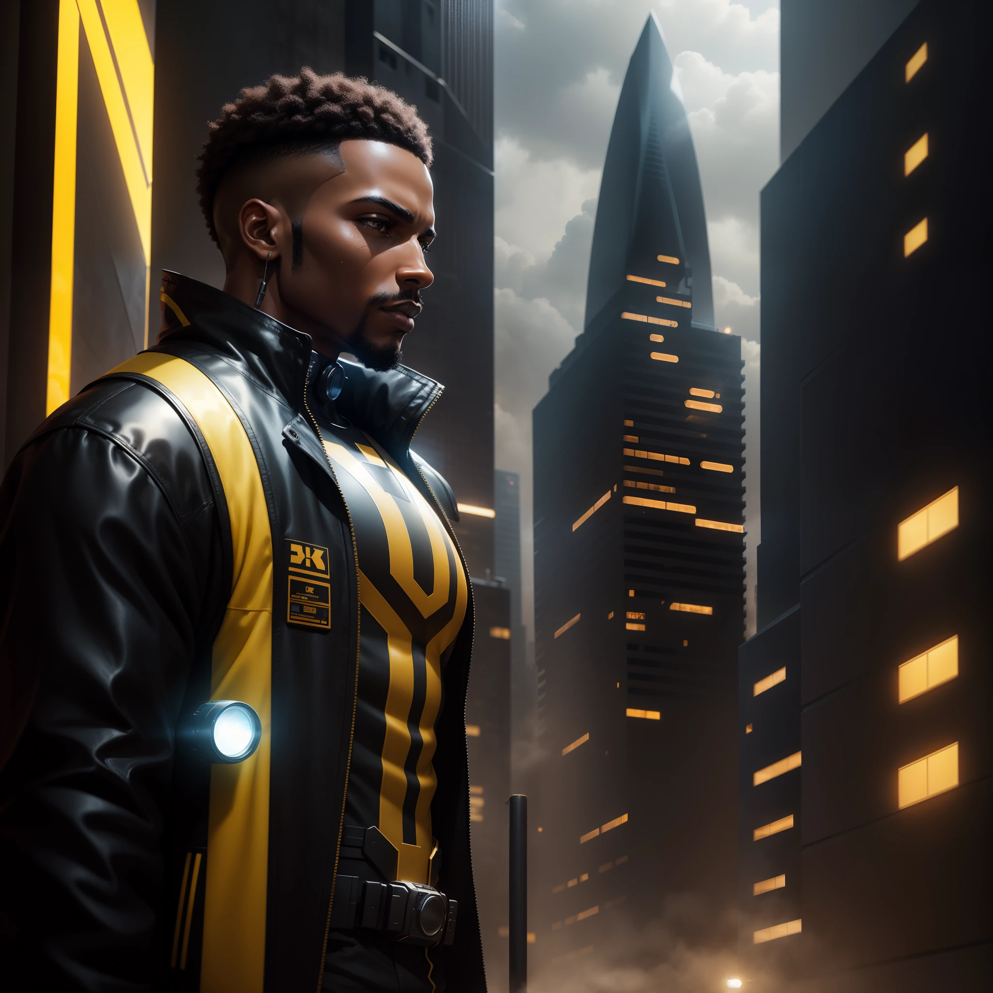 a close up of a black man standing in front of an African designed building, in a dystopia city with yellow smoke in the atmosphere, moody light, with iridescent light, 32k, ultra HD, cinematic lighting, highly-realistic image, artgerm style