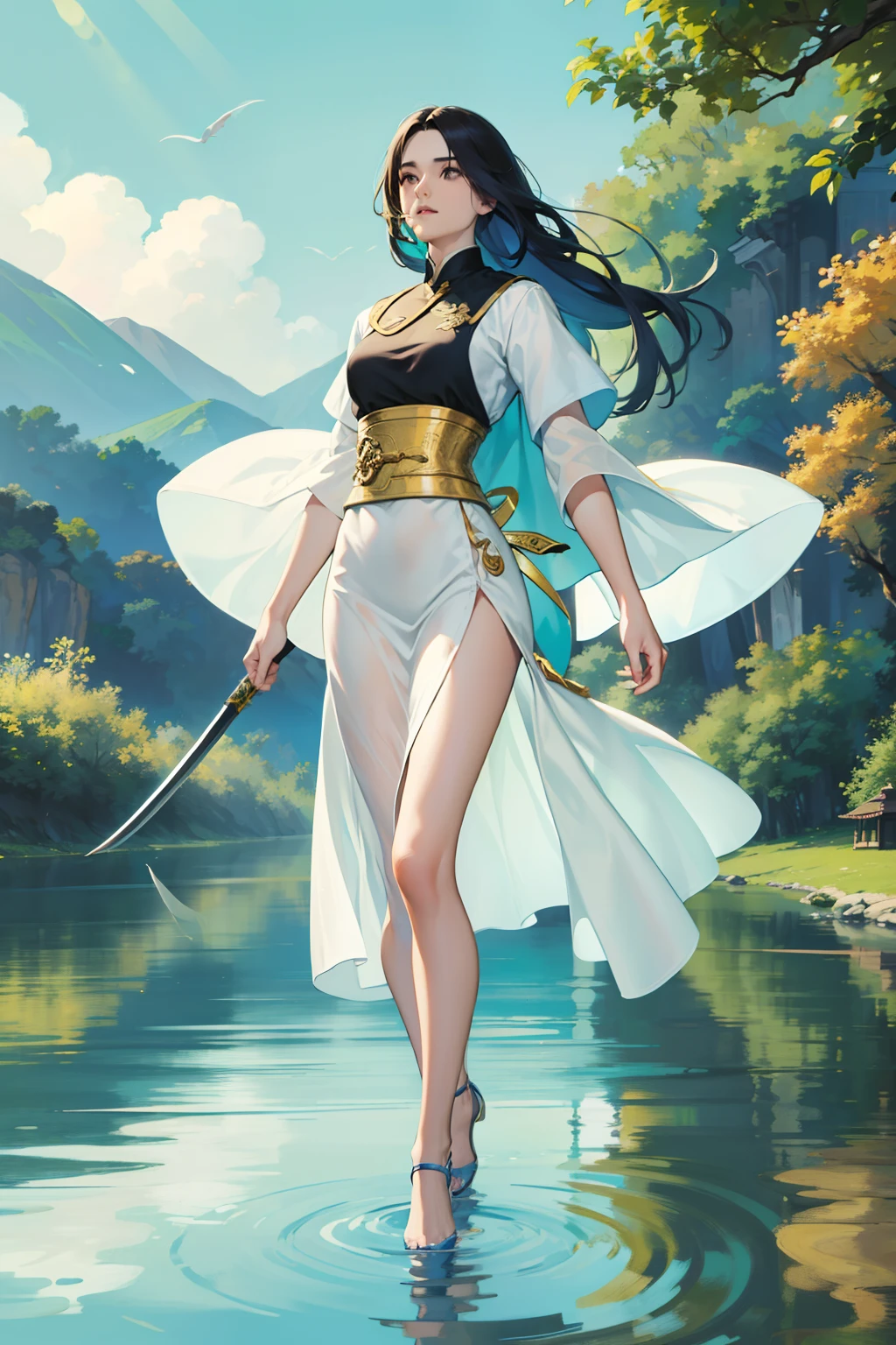 Divindade "feminina", de cabelos longos sedosos, cabelos verdes, olhos astutos, usando uma roupa sensual hunfa antiga Wuxia, voluptuosa fisicamente, "seios grandes",athletic size, roupas cores escuras, mulher linda, holding with one hand a Wu Dang sword,at first walking on water with the lightness of a leaf (cena detalhada, filmes, natural  lightting)