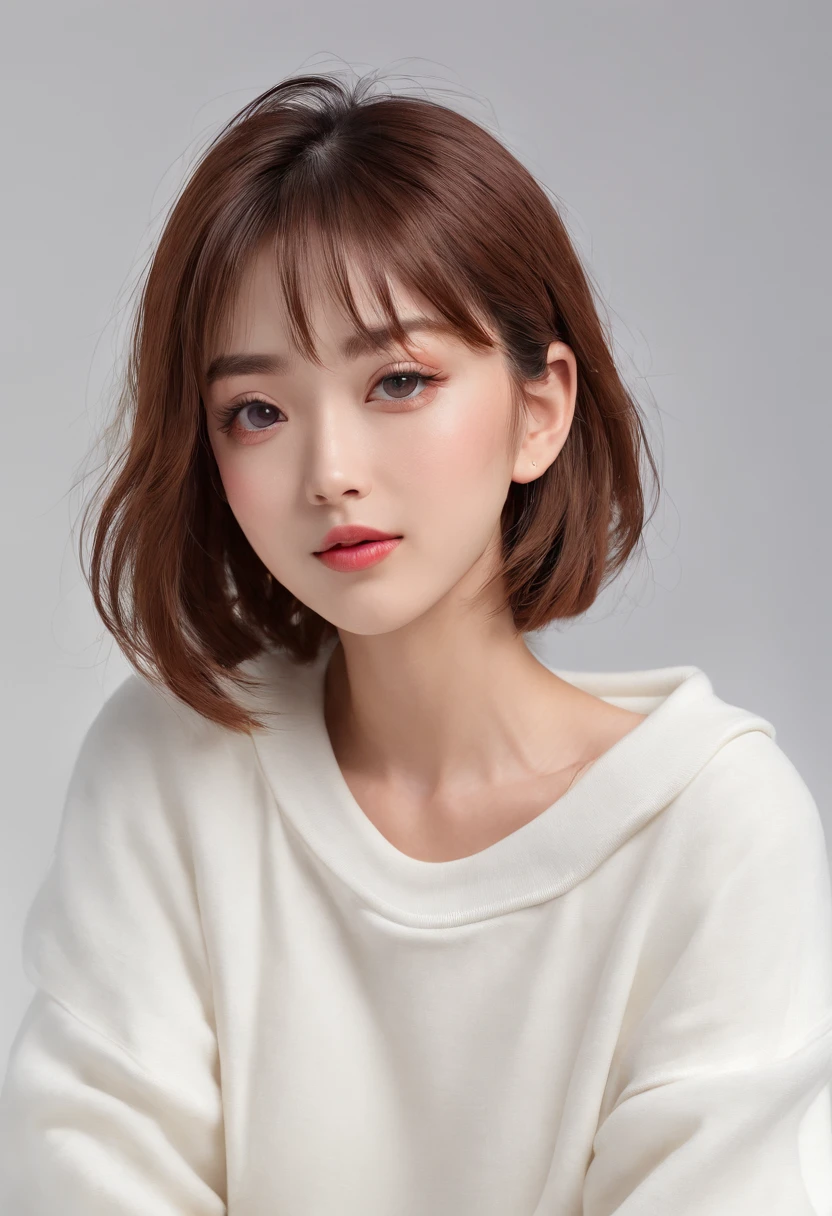 ((of the highest quality, 8K,Raw photo)), (Realistic, Photorealistic: 1.37), (Face Focus: 1.1), Small breasts, A refreshing smile、flat chest, Short hair, A Japanese Lady、20yr old、Japan idol system、(white sweatshirt: 1.1)、Skirt, Sitting, Arms up, From below, Sunlight, Movie Lighting,