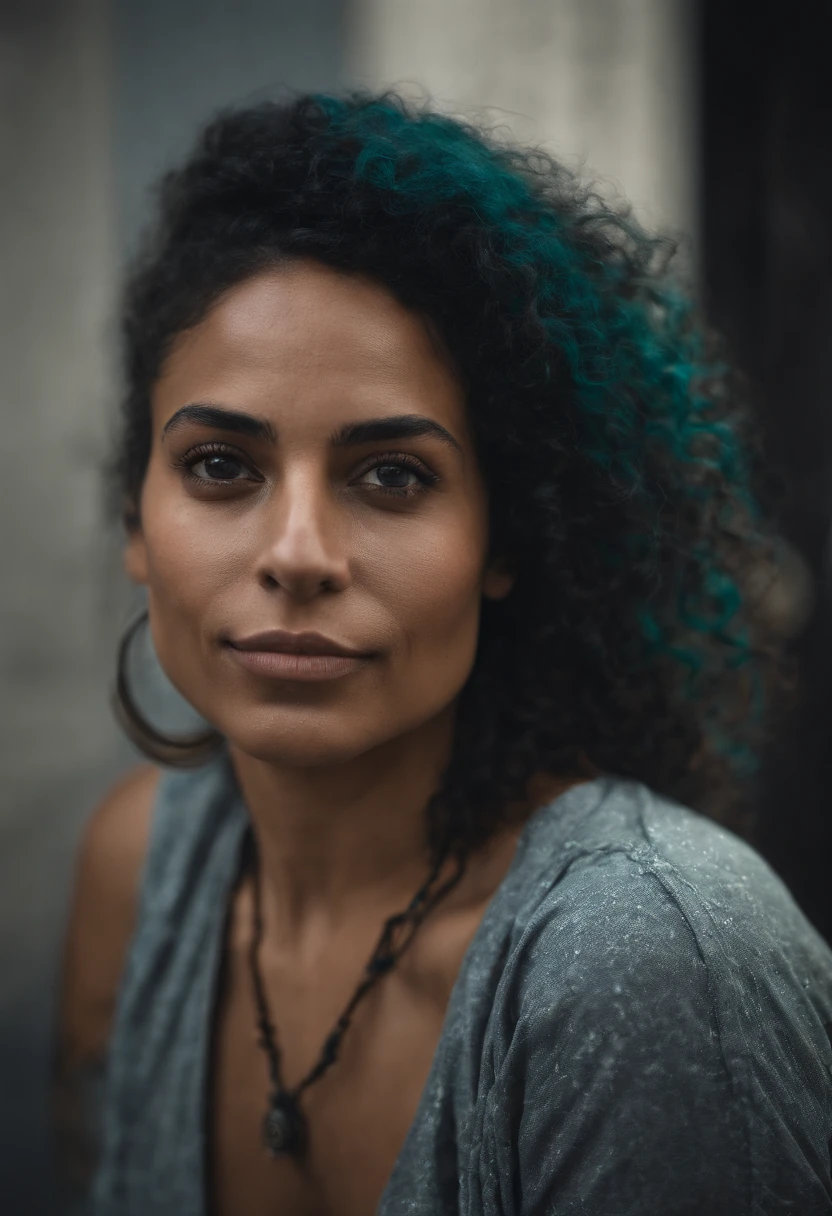thick Urban Puerto Rican woman with teal hair, blue eyes, freckles and a big nose in a tank top and black jeans