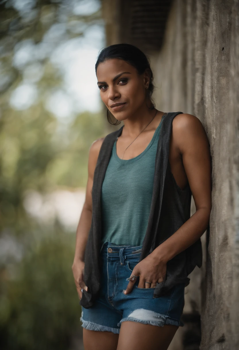 thick Urban Puerto Rican woman with teal hair, blue eyes, freckles and a big nose in a tank top and black jeans