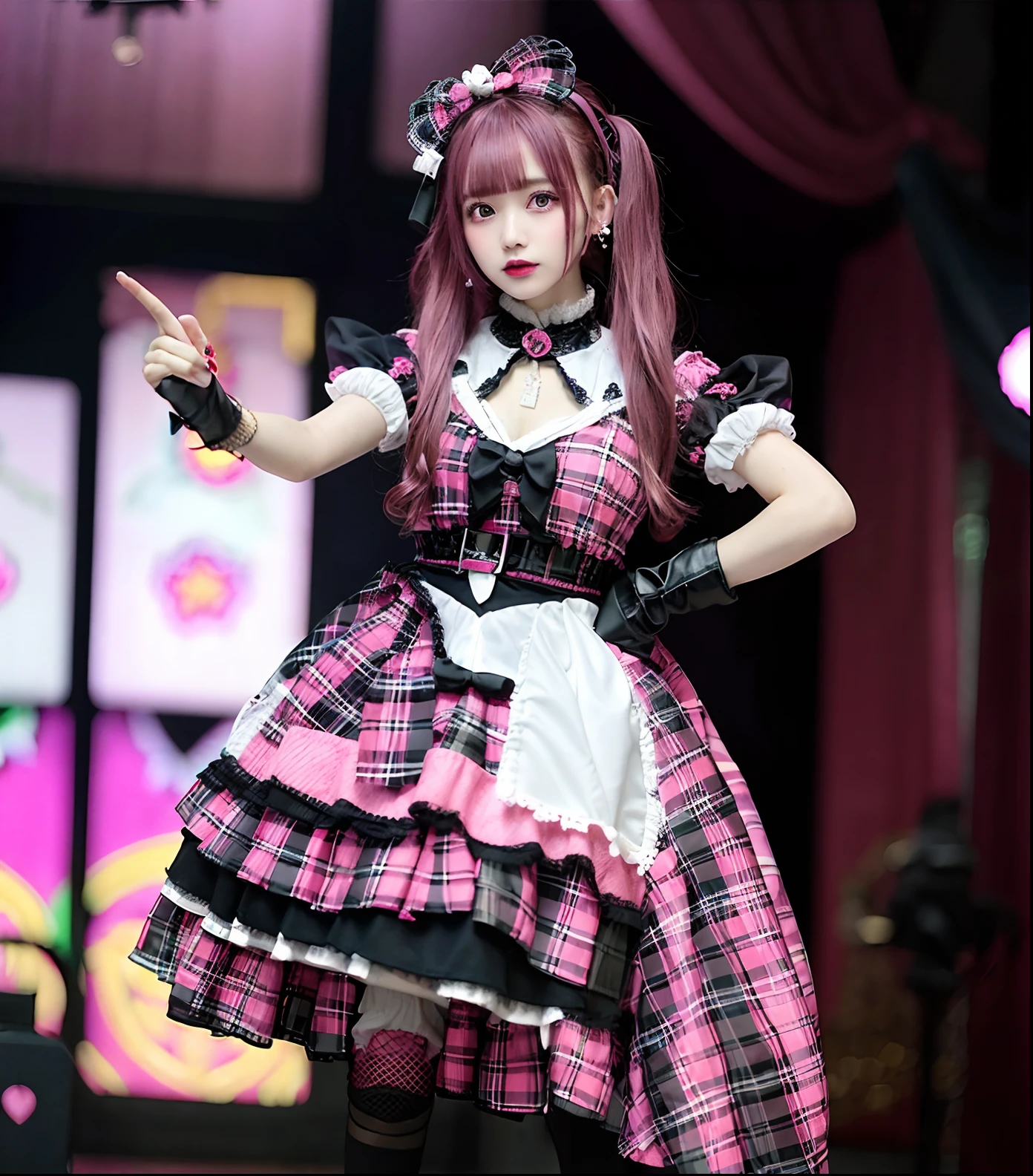 Arafe girl in pink and black dress with microphone, angelic pretty, ta style, Loliashion, Belle Delphine, style of magical girl, dollpunk, ❤🔥🍄🌪, baroque visual kei decora art, witch clothing, decora inspired, fairycore, sakimichan, kawaii decora rainbowcore, pastel goth aesthetic