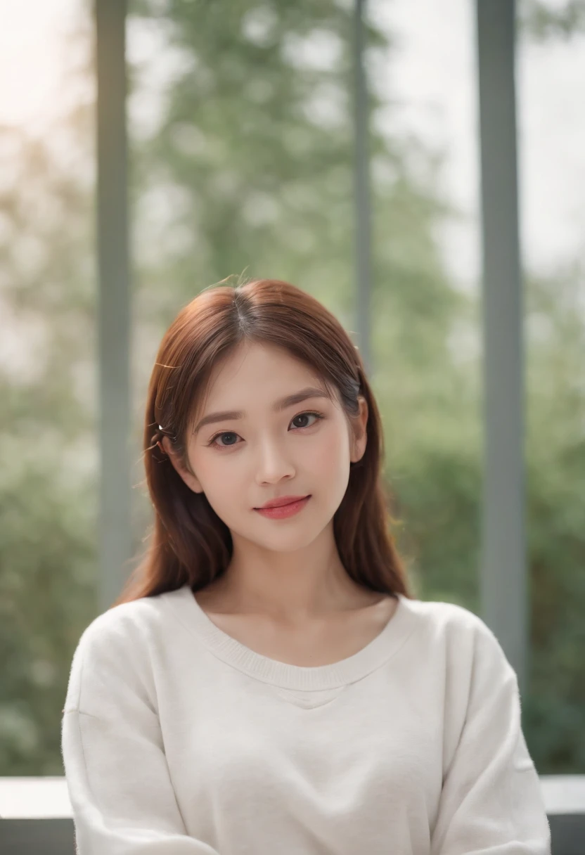 ((of the highest quality, 8K,Raw photo)), (Realistic, Photorealistic: 1.37), (Face Focus: 1.1), A smile、Small breasts, flat chest, Longhaire, A Japanese Lady、20yr old、Japan idol system、(white sweatshirt: 1.1)、Skirt, Sitting, Arms up, From below, Sunlight, Movie Lighting,