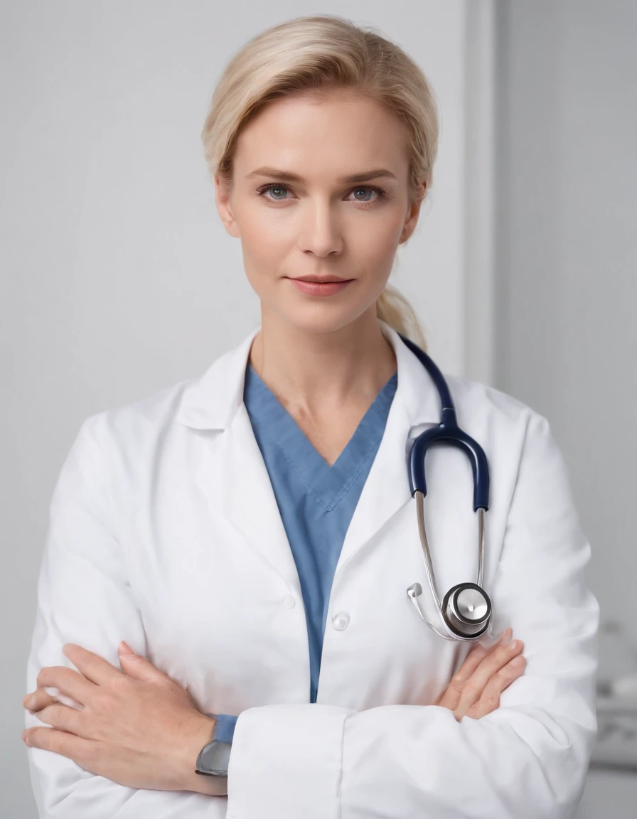 blond doctor with stethoscope over his neck, posing with arms crossed, white background, in the style of ultrafine detail, high quality photo, 35 mm f/2.4.