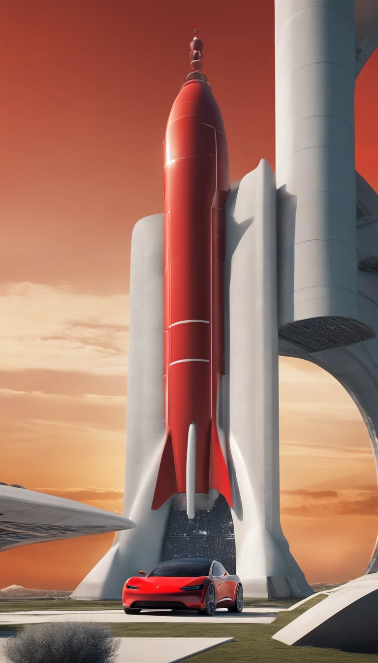 Soviet cosmonautics、arquitetura realista、Sovetsky、Blocos de pilha、engenharia civil、Starryskyfundo、Monument to the Conquerors of Soviet Space、Blocos de pilha、Pilha de tijolos、Stacking of building materials、Planeta Terra、Tilt up、Postmodernist architecture、arquitetura minimalista, a cherry red Tesla Roadster floating in space with an airbag test dummy inside the car parked at a space station to recharge
