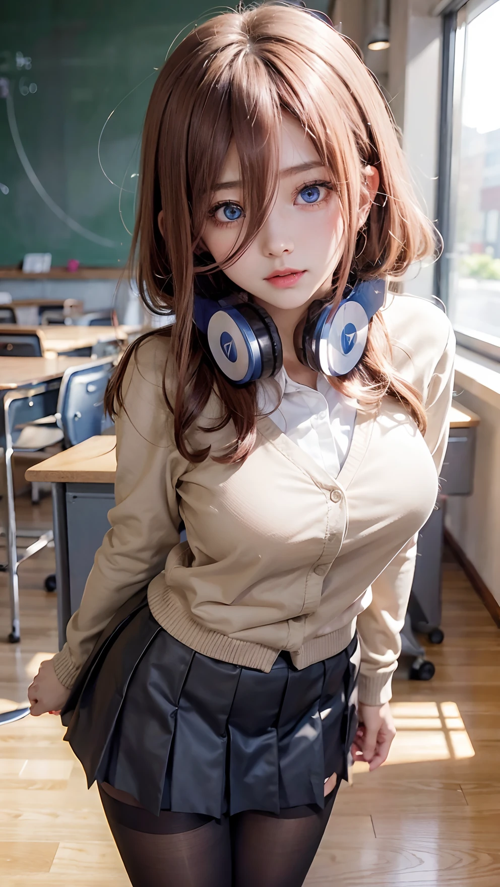 headphones, nakano miku, skirt, 1girl, pantyhose, headphones around neck, classroom, cardigan, breasts, blurry, blue eyes, long sleeves, large breasts, hair between eyes, blurry background, looking at viewer, bangs, pleated skirt, long hair, desk, blush, closed mouth, chalkboard, brown hair, indoors, solo, depth of field, school uniform, shirt, school desk, buttons, white shirt, blue skirt, black legwear, standing