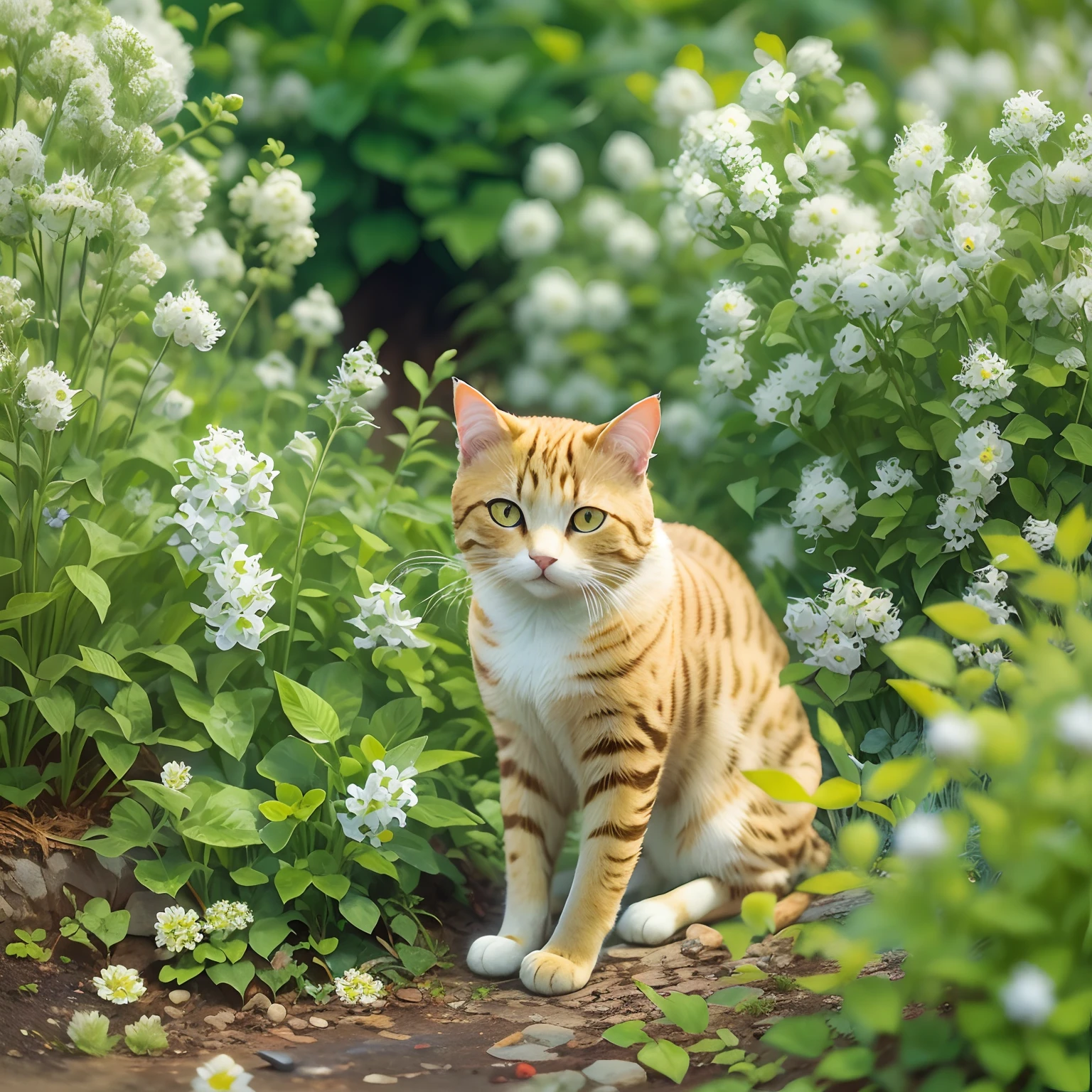 A yellow cat in the garden, The garden has small white flowers.
