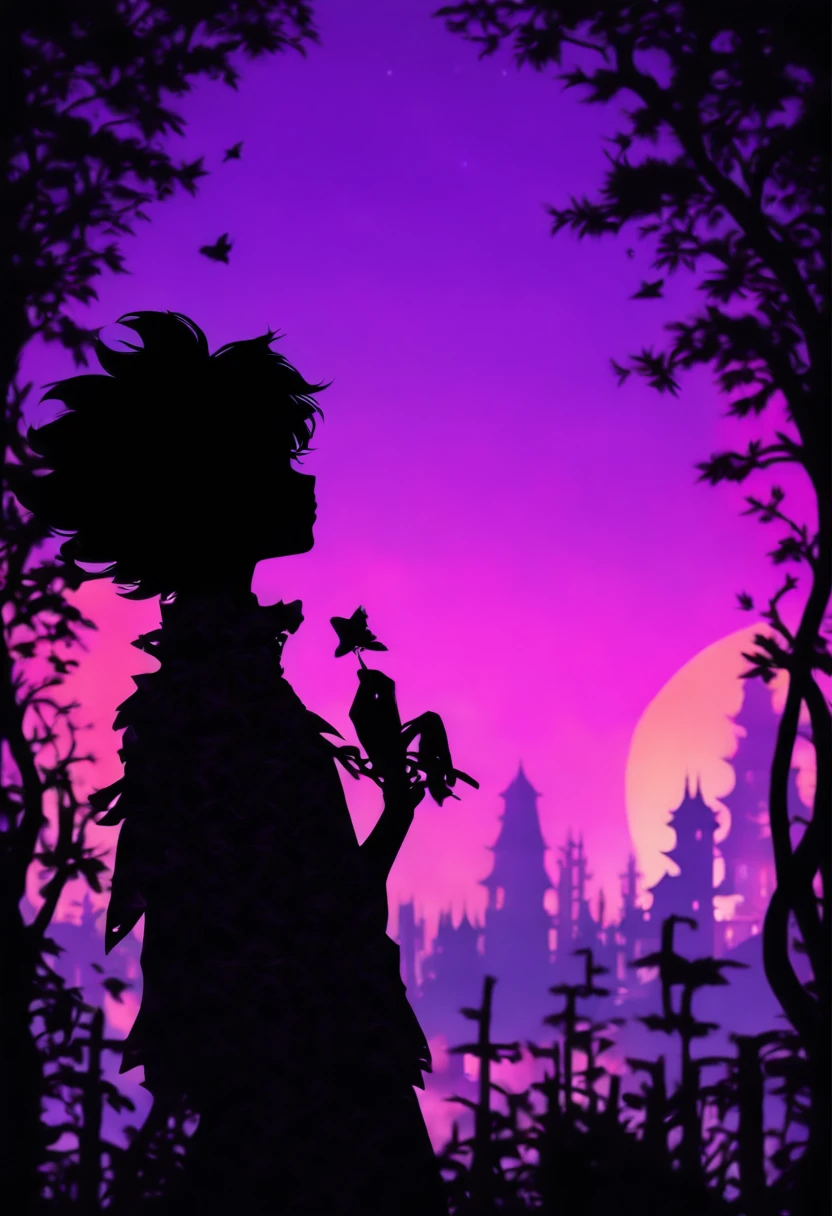 (Silhouette Art,cutouts:1.6) (((Paper cutting art,A world where only black exists:1.3) ((Background only))、white, BREAK (Purple twilight) Textured glass background,Arcana World
