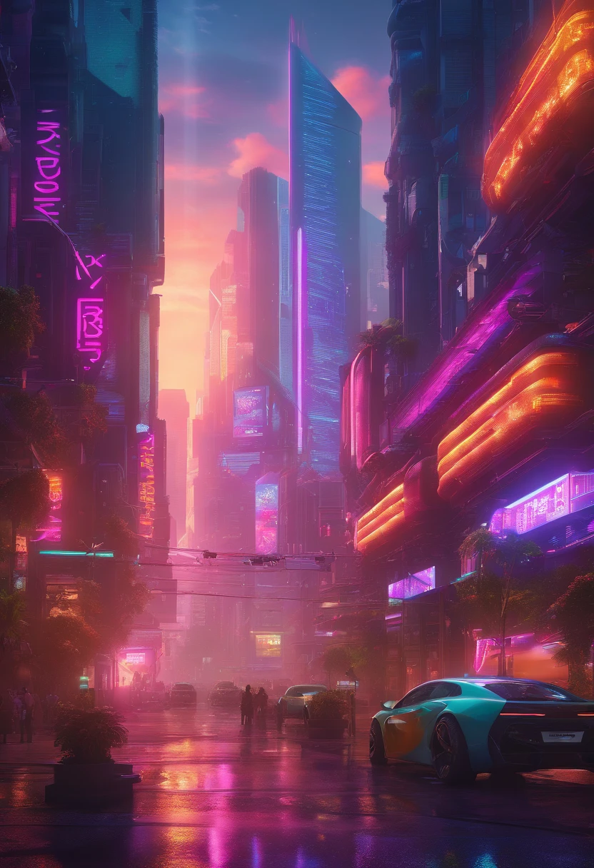 (best quality,4k,8k,highres,masterpiece:1.2),ultra-detailed,(realistic,photorealistic,photo-realistic:1.37),artificial intelligence,dominating the world,landscape,advanced technology,futuristic city,towering skyscrapers,robotic beings,lush green parks and gardens,glowing neon lights,sleek and modern architecture,clean and polished streets,hovering vehicles,people wearing futuristic attire,expansive digital displays,immersive virtual reality experiences,seamless integration of AI in daily life,smart homes and appliances,advanced medical facilities,robots performing complex tasks,efficiency and automation,innovation and progress,limitless possibilities,harmonious coexistence of humans and AI,peace and serenity amidst the technological advancements,majestic sunset casting a warm glow over the city,soft hues of blue and purple dominating the color palette,soft and diffused lighting creating a tranquil atmosphere.