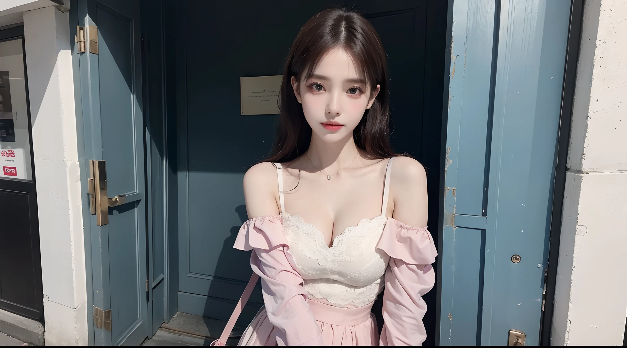 (High-resolution 8K raw photos are realistic,best qualtiy)，Fashion trendy beautiful and charming woman，gentle and charming Chinese beautiful woman，Korea,Kpop idol，delicate and sexy collarbones，charming oval face，二重まぶた，Ingenious[peaches]flower eyes，redish pink lips，small-nose，exposed bare shoulders，focus at face，closeup of face，Hyper-detailing，Blue off-the-shoulder long-sleeved top，White hip wrapped skirt，Light red hair，(Background bokeh，cleavage，A half body，中景 the scene is，Solo)，Lace，lacing，head gear， Fresh and impressive， natural color，(pedestrian street，cbd,rays of sunshine，outside，LV shoulder bag for women，cellular phone)，Front light，Sitting on the side of the street