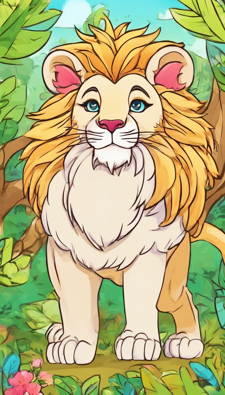 Lion in the forest Coloring book, estilo dos desenhos animados, linhas finas, sem cor, fundo branco, strokes only