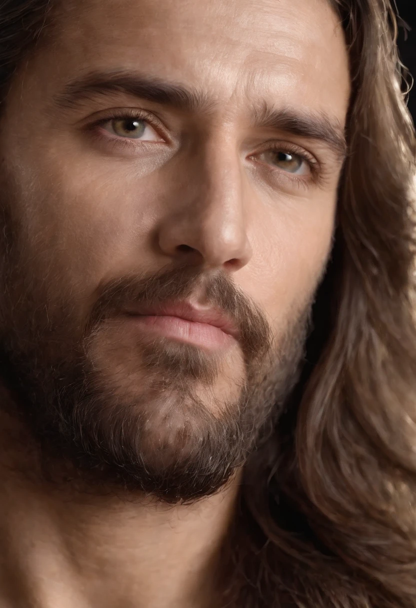 Gere uma imagem de Jesus estilo realista, The paradise of the celestial background , olhando para frente .com cabelos pretos e curtos e sem barba, ((sem barba)), ((cabelos curtos)), His eyes are kind and expressive,, garanta que a imagem seja de alta qualidade e rica em detalhes, capturing the essence of Jesus , pele altamente detalhada: 1,2 8k uhd , 20MP, Fujifilm XT3, 80mm, sentado em um tapete com um fundo de estrelas e nebulosas, facing the camera, foto ultra realista, UHD, 3D, 8kk