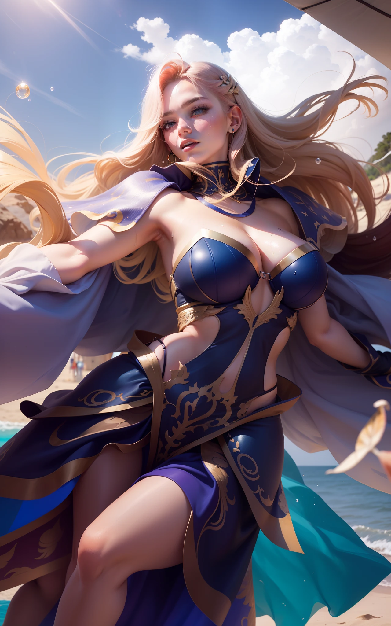 Best picture quality, tmasterpiece,超高分辨率,Fidelity,fully body photo,A beautiful and sexy girl,light pink bikini,Wet swimsuit,bare shoulders,Bare legs,Wet hair,There are water droplets on the body,Graceful figure,A thousand flavors,Beach by the sea,The lower limbs are attached to the sand,knelt on the beach,facing at camera,spread their legs,gazing at the camera,maroon hair,short detailed hair,eBlue eyes,The wind blows through the hair,Sun Rain,The light and shadows are realistic,There are water droplets on the body,Bigchest,big breasts thin waist,Buttock augmentation,Mole on the chest,Purple lipstick,Caucasian Woman,20yr old,Long eyelashes