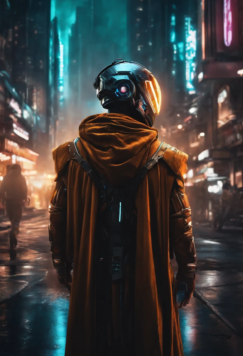(Best quality:1.3), (Best performance:1.2), (Best Illustration:1.2), (Comic style:1.2), (Art film lighting:1.2) (1人) Wear a futuristic electronic robe with cyberpunk technology, His body was covered with metal parts, In futuristic cyberpunk city cinematic horror movie background, (Wearing a tech electronic helmet:1.2)