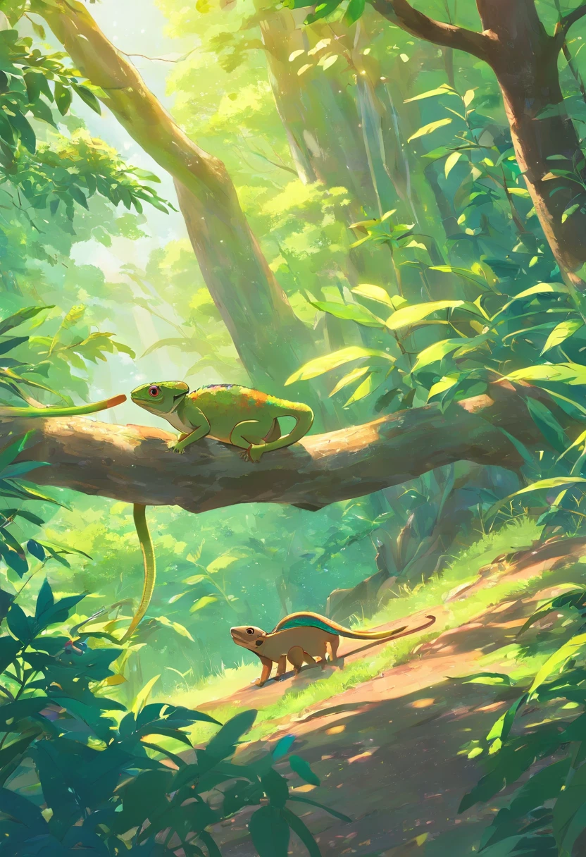 Small brown chameleon , A chameleon is meeting a monkey,Monkey is happily playing on a tree,Monkey waving to a chameleon,Chameleon has an interested look on the monkey,The color of the chameleon is the same brown as the monkey,Background in the forest, ((​masterpiece)) ,Background in the forest,Ultra-high definition and ultra-high resolution