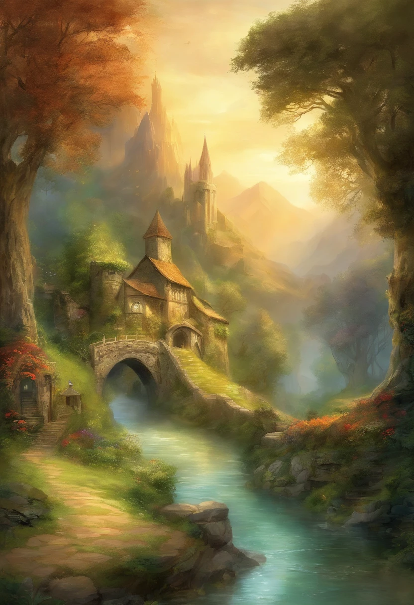(masterpiece, top quality, best quality, official art, beautiful and aesthetic:1.4, watercolor:1.1), (Shire, The Lord of the Rings:1.6), lush rolling hills, small round doors built into green mounds, hobbits bustling about, smoke curling up from chimneys, gardens overflowing with colorful flowers, a serene river winding through, a picturesque and tranquil setting, the very essence of hobbit life.