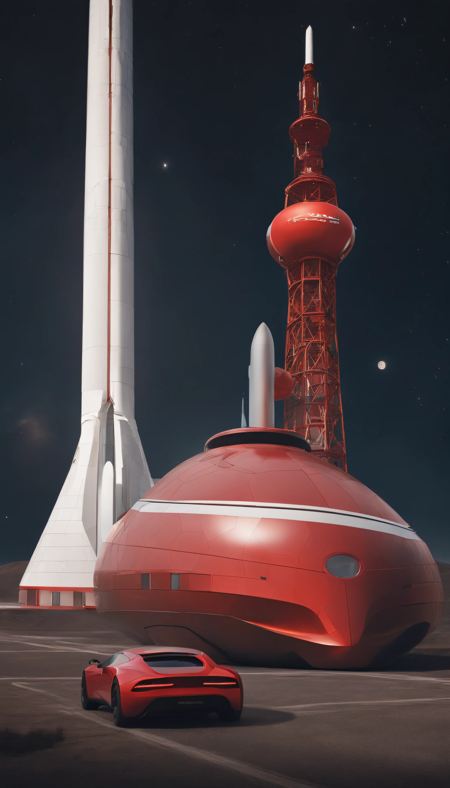 Soviet cosmonautics、arquitetura realista、Sovetsky、Blocos de pilha、engenharia civil、Starryskyfundo、Monument to the Conquerors of Soviet Space、Blocos de pilha、Pilha de tijolos、Stacking of building materials、Planeta Terra、Tilt up、Postmodernist architecture、arquitetura minimalista, a cherry red Tesla Roadster floating in space with an airbag test dummy inside the car parked at a space station to recharge
