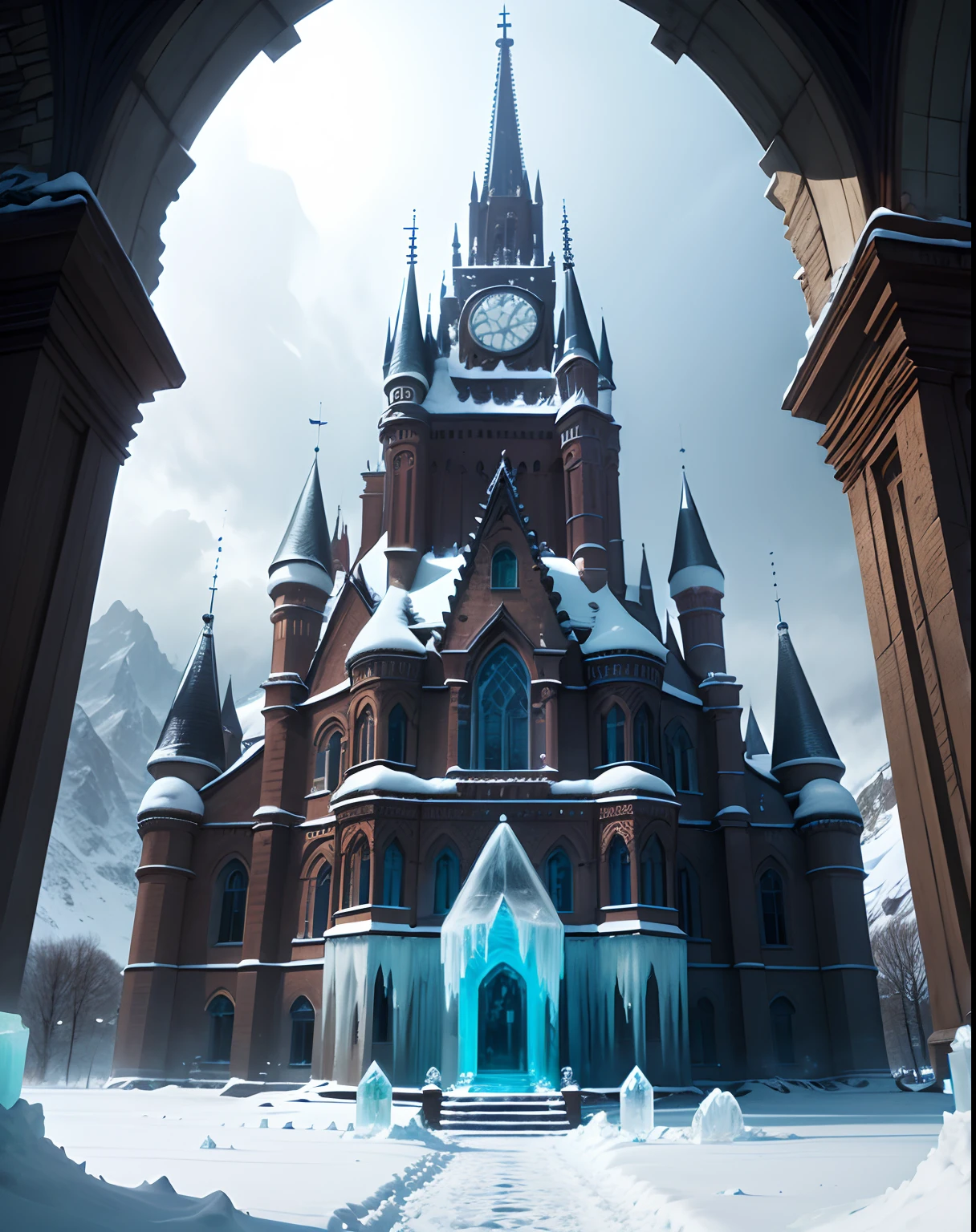A beautiful and intricate ((ice castle)), Victorian, gothic Architecture, enormous, Imposing, in the top of a snowy mountain, ant view, down shot, high angle lens, Masterpiece, best quality