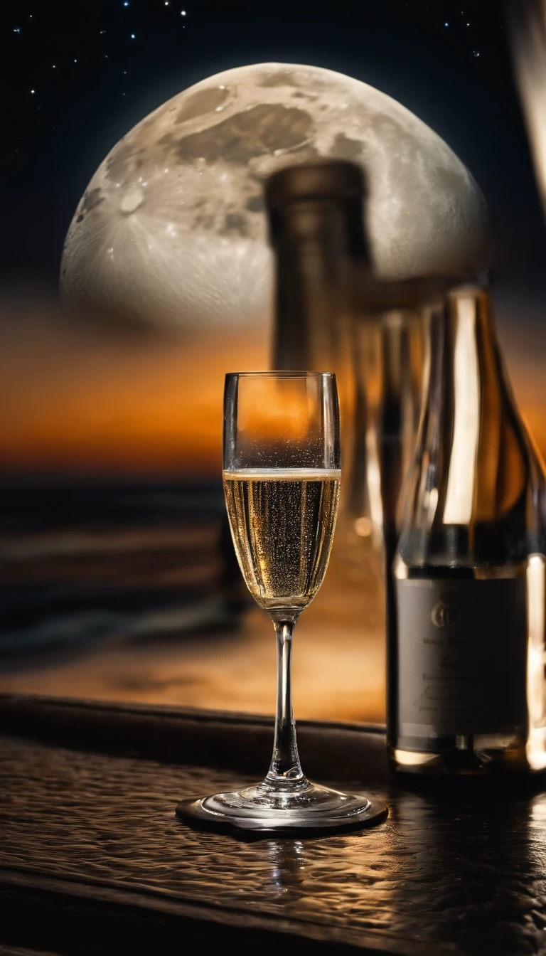 Close-up of a bottle of champagne on the table,In the background is a round of a large moon, perfect crisp moonlight, Champagne advertising, natta, sparkling spirits, Moonlight, dim moonlight, rays of moonlight, noon, is night, float under moon light at night, 2 0 5 0 seconds, Gate Black Moon, themed on the stars and moon, the moon reflects in the water,Record covers
