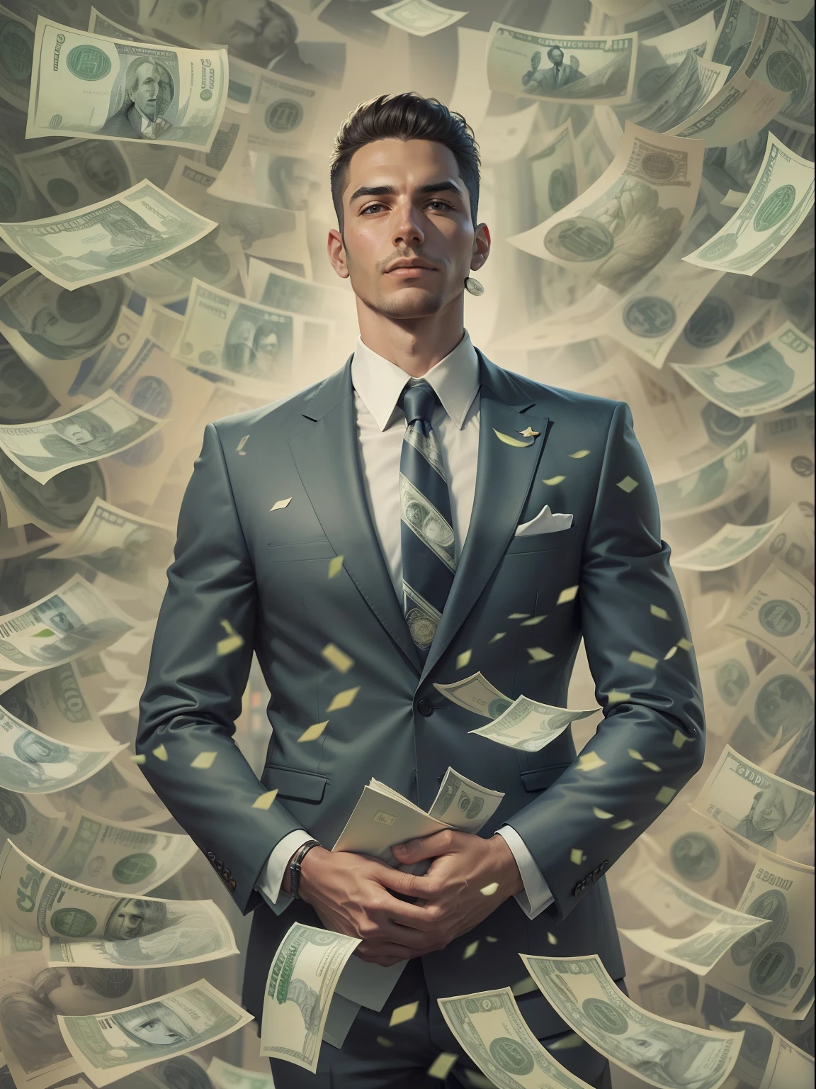 A detailed painting of a person in a suit, surrounded by a flurry of dollar bills, with the book Financial Freedom Formula in the center.