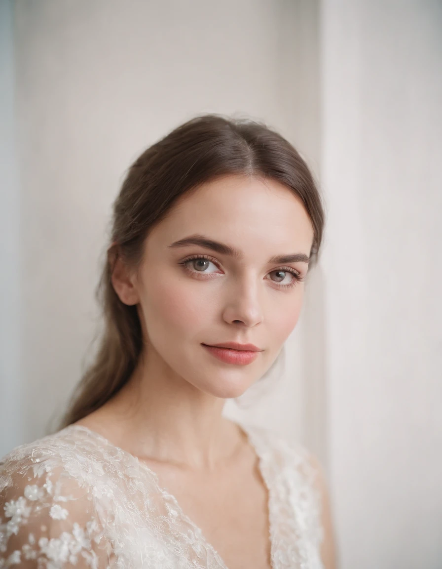 realistic photo, portrait of a woman at a party, photography taken with flash, white background white wall of home portrait analog photography, grain film, vintage photo, in the style of lo-fi aesthetics .