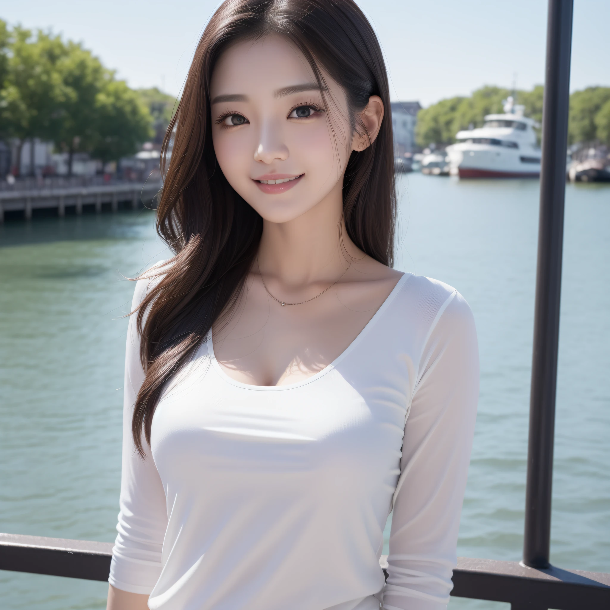 One lady、((best qualtiy、8k masterpieces:1.3))、foco nítido:1.2、(ultra beautiful faces:1.0)、(shinny skin:1.0)、photos realistic、A dark-haired、Video Lighting、High-definition eyes and face、Video Lighting、(Korean Cute Actress)、from the front side、medium breasts、Smile、Slender Abs Beauty、Whole body、wearing t-shirts、At the quay in the early morning