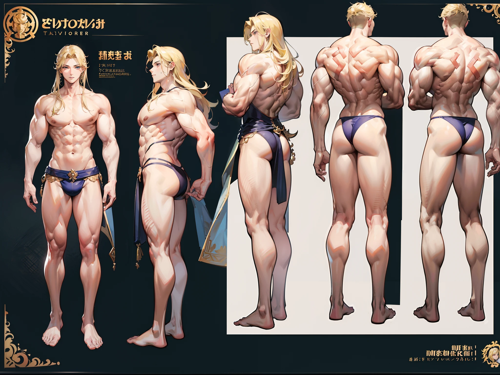 ((Masterpiece, Highest quality)), Detailed face, character design sheet， full bodyesbian, Full of details, body front view, body back view, Highly detailed, Depth, Many parts, Muscle boy with blonde long hair，handsome man, muscle body, outfit male gods, man tall