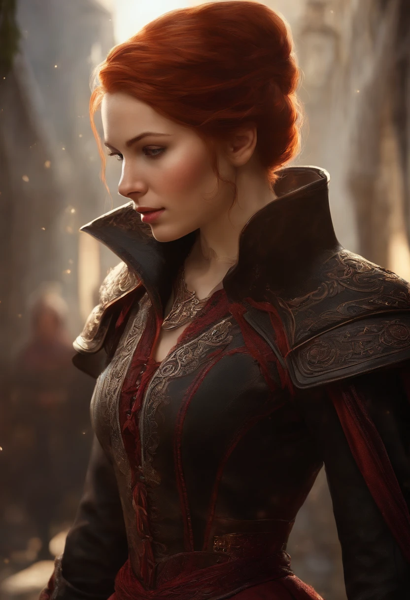 (Realistic oil painting, Image to the waist, 20-year-old princess, British, Black eyes, Vibrant appearance, Redhead, Short hair), Ezio Auditore top, Hooded, black, brown, Red details, Ornaments, Freckles 10% cheekbones, Perfect face, Critical cameras, Blurred background, Warm light, More details of the costume, Thick leftovers, mysterious poses