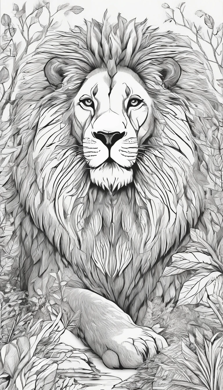 Lion in the forest Coloring book, estilo dos desenhos animados, linhas finas, sem cor, fundo branco, strokes only