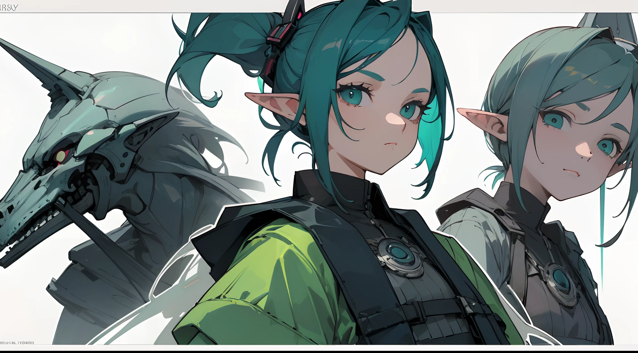 Masterpiece: 1.6, best quality: 1.4, live image: 1.2, intricate details: 1.2, graphicsournerv2: 1.2, 1 girl, navy blue hair, pony tail, green colored eyes, ghost-girl, grey skin, elf ears ,a lot of details, little chest, She stands confidently in the center of the poster,Fashionable cyberpunk clothes ,with a determined expression on his face (single background, white background: 1.3), multiple views, multiple views of the same character with the same outfit: 1.3.