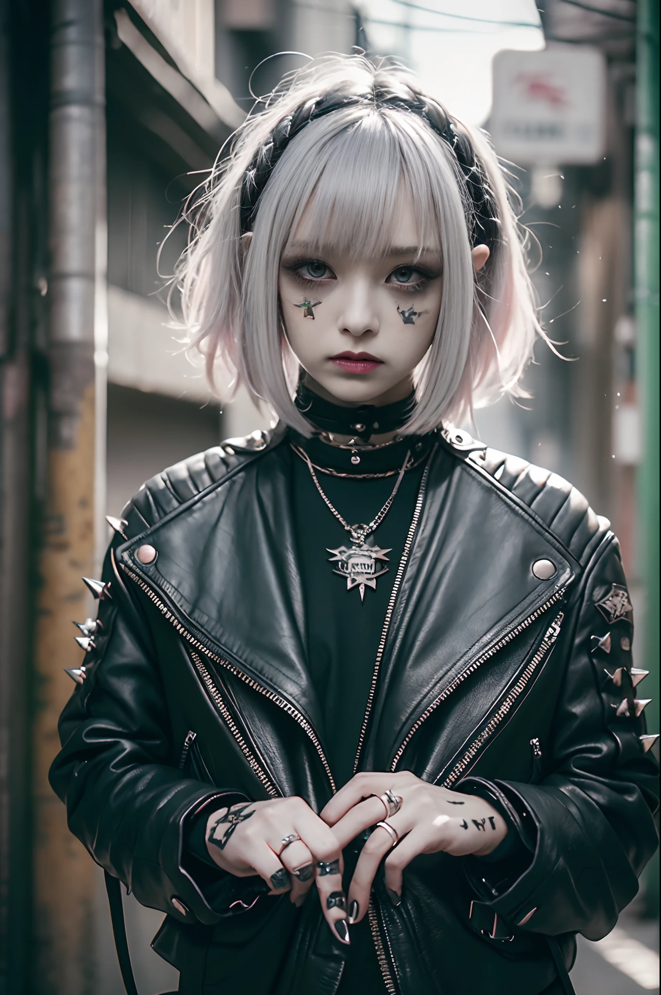 Mohican、、goth、(masutepiece), (Portrait), (Aesthetic), (Beautiful), (upper blody), (High quality), (aesthetic clothings), (professional angle), (thirds rule), (Feminine), (Woman),  (Beautiful),(Feminine features), (25-years old), Solo, 1 woman, (Charming punk girl), Winters, Dramatic light,), Edgy makeup, (Small bust), , (Front face), (Defiant expression), ((defiance)), (Leather jackets and tattoos), ((Short hair)), (dyed (E.G. and pinks) hair), (spiky hair), (Thick hair), Matte Shine Hair, (Hair bands scattered in the hair), (Green eyes), (Bold and bold look), (pale skin), (Dark clothes), (Band T-shirt), (Ripped jeans), (-), crew neckline), ((Urban alley background)), (up close shot), Beautiful hands, Two hands, normal hands, Two arms, complete hands, Beautiful body, Beautiful fingers, normal fingers, Five Fingers, Five Fingers, (Thumb index finger ring finger), Beautiful ears, normal ears, Beautiful eyes, shiny eyes, Beautiful mouth, Beautiful lips,