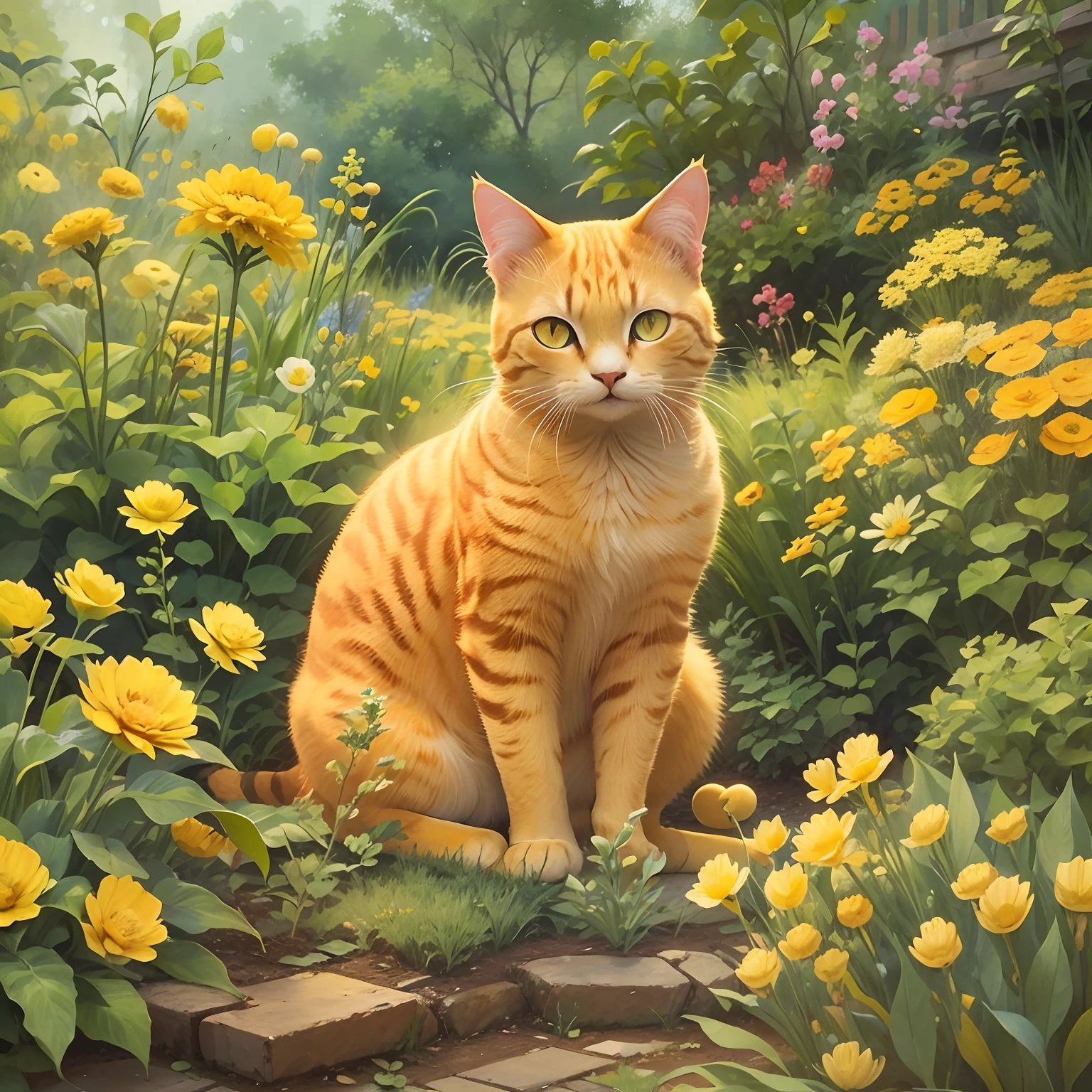 A yellow cat in the garden