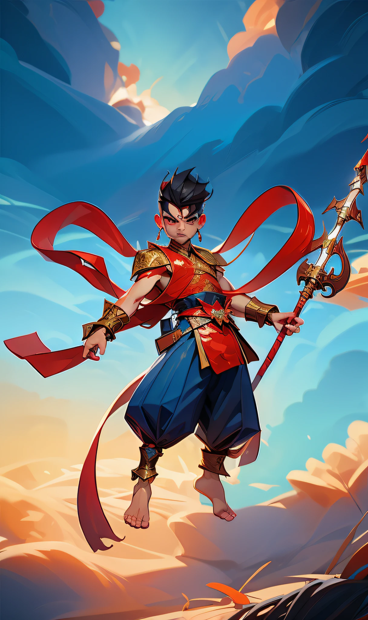 boyl, blood on face, angry, holding spear, (flying), chinese mythology,cloudy, detailed sky, abstract background, (flame_surge_style:0.5)