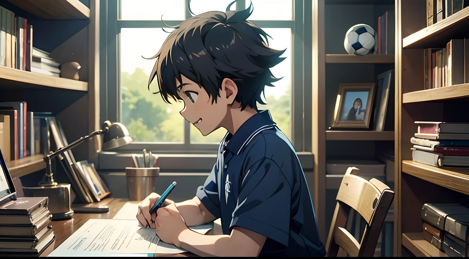 A 10-year-old boy is writing on a desk in his room, Makoto Shinkai and Studio Ghibli, dramatic lighting, Highly detailed, Incredible quality,Navy blue short-sleeved football shirt,The bookcase is full of trophies and medals,Confident and happy expressions