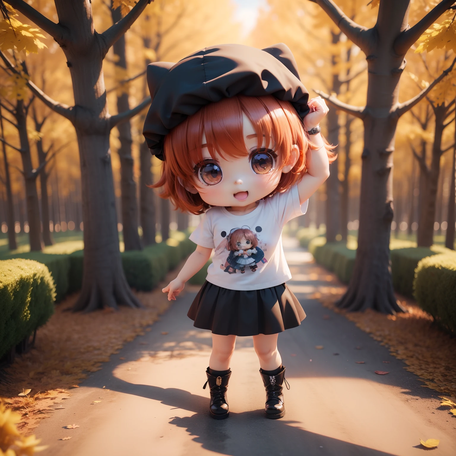 Cute  Chibi Anime,(((chibi3d))) (best quality) (masterprice)、Chibi２Person、Cute T-shirt、Gather Skirt、Amiage Boots、The background is a fairytale autumn forest、Holding hands and hands、Open your mouth and smile、Standing