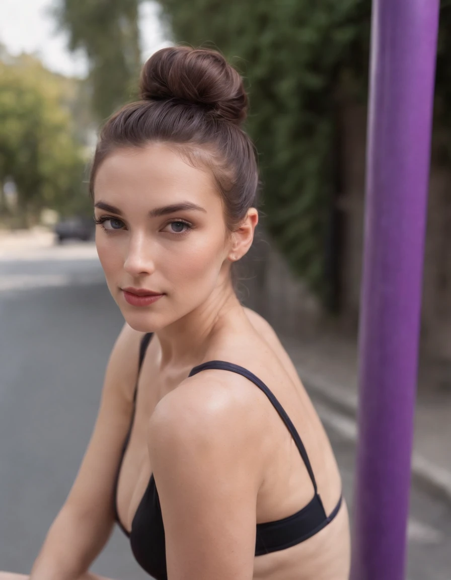woman in a bun and a black 80s style swimsuit, sitting on the street, retro purple van in the background, medium shot, sunny day, high quality photo,upper body,
