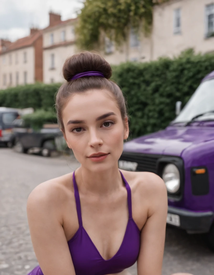 woman in a bun and a black 80s style swimsuit, sitting on the street, retro purple van in the background, medium shot, sunny day, high quality photo,upper body,