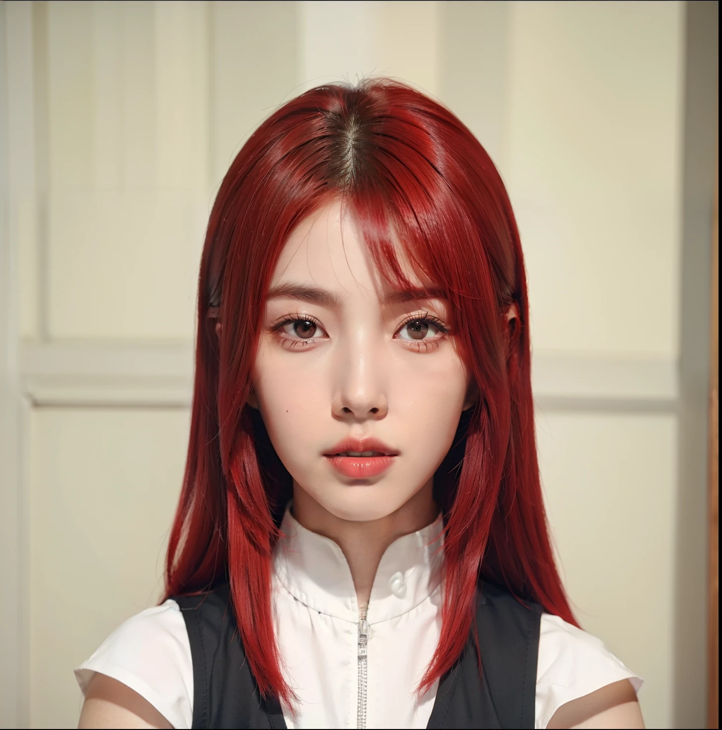 Real life adaption of this character , Korean beautiful face ,realistic red hairstyle,realistic same outfit,hyper realistic,realism,realistic light,realistic shadow(photorealistic:1.2),