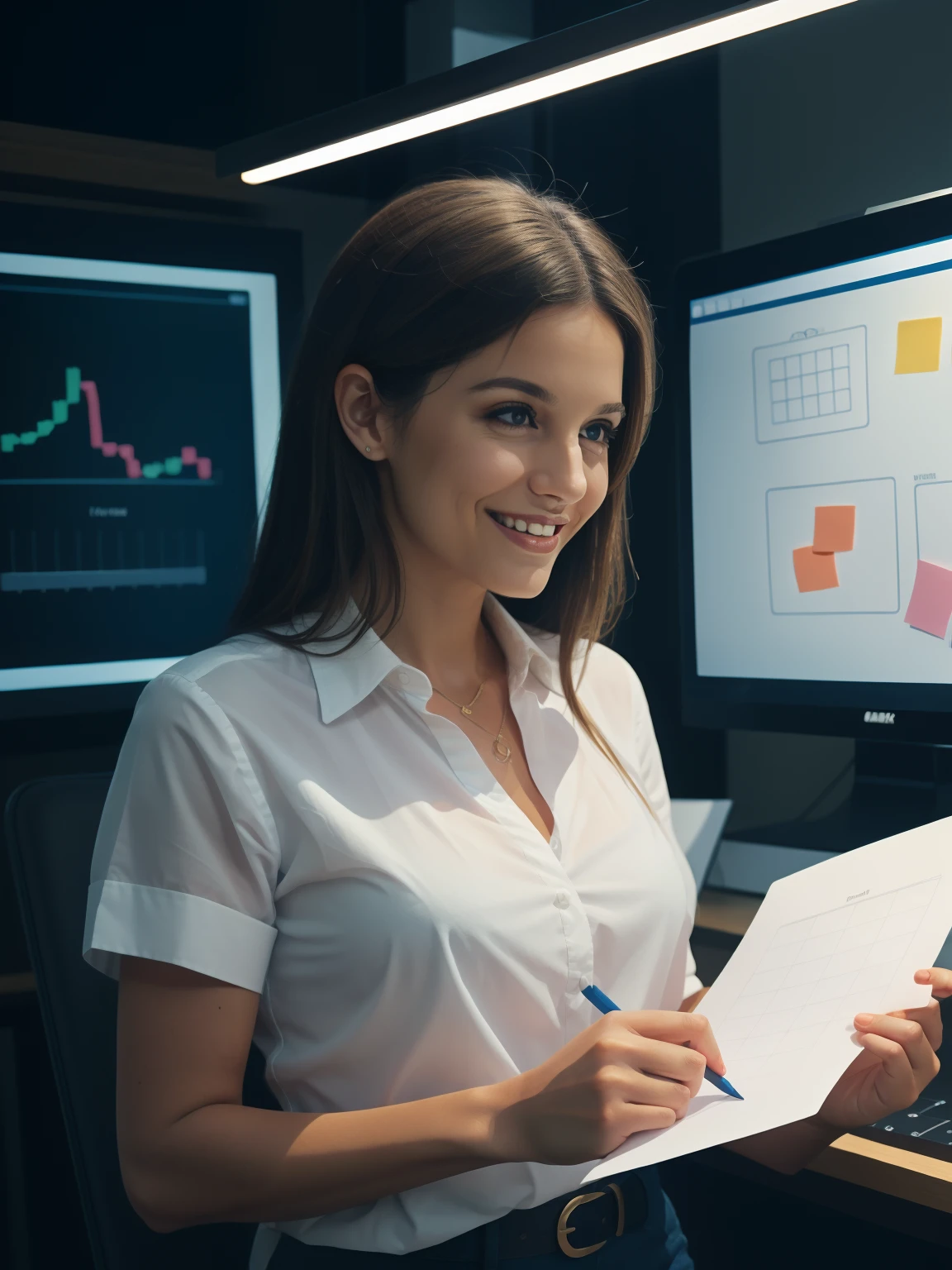 a woman person brainstorming with sticky notes and charts in the background, Best quality, Masterpiece, Realistic, Realistic photo, film photo, Ultra photo realsisim, 1 person, Detailed, Perfect lighting, DSRL, Professional photo, 4K ,Blue lighting ,Happy expression, Half body