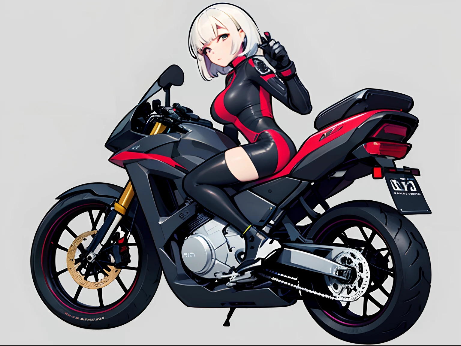 masutepiece, hightquality, hight resolution, high textured, 8K, HighDynamicRange, Robot girl in sexy costume, Huge breasts, White transparent tights, mechs, short white hair, Mechanical prosthetics, mechanical legs, dishevled hair、Detailed skin、Fine-grained skin、Large Motorcycles, Riding Bicycles, natta, cyberpunkcity