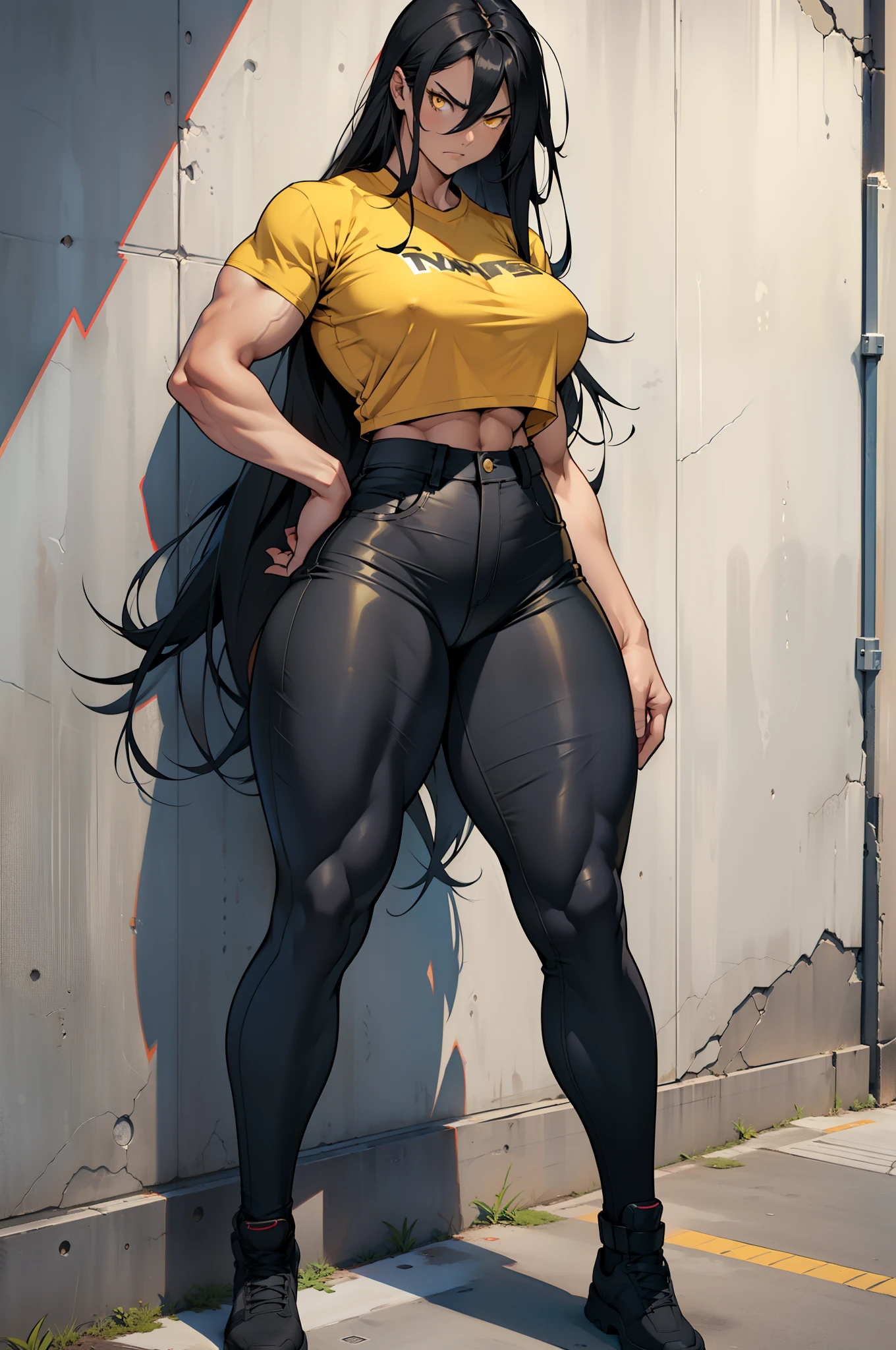 solo, ((((1 girl)))), very long hair, black hair, angry, yellow eyes, (((((muscular))))), (huge tits), (thick thighs), (wide hips), (full body), pale skin, (tight shirt), (tight pants), standing, slick hair