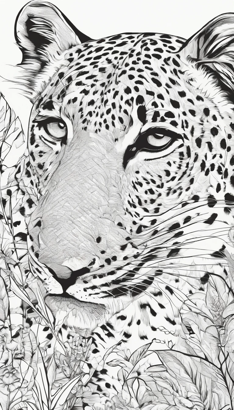 leopardo na floresta Livro para colorir, estilo dos desenhos animados, linhas grossas, sem cor, fundo branco, strokes only