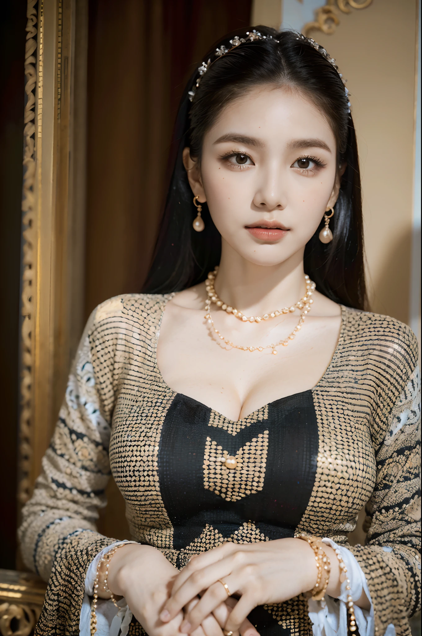 (best quality,4k,8k,highres,masterpiece:1.2),ultra-detailed,(realistic,photorealistic,photo-realistic:1.37), MMTD Burmese patterned traditional dress, beautiful lady wearing the dress, detailed eyes and face, long eyelashes, wear pearl necklaces and gold bracelets, soft natural lighting