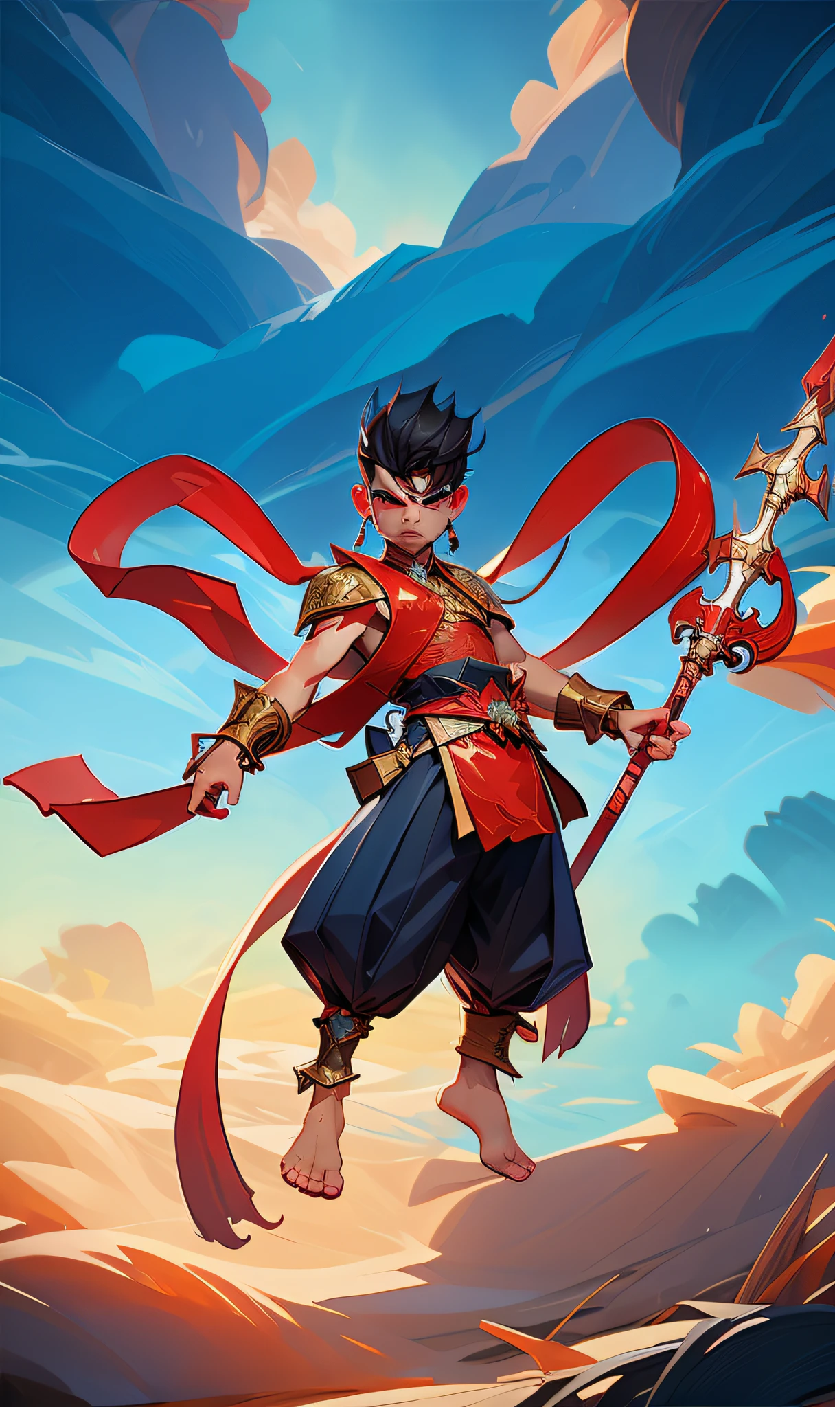 boyl, blood on face, angry, holding spear, (flying), chinese mythology,cloudy, detailed sky, abstract background, (flame_surge_style:0.5)