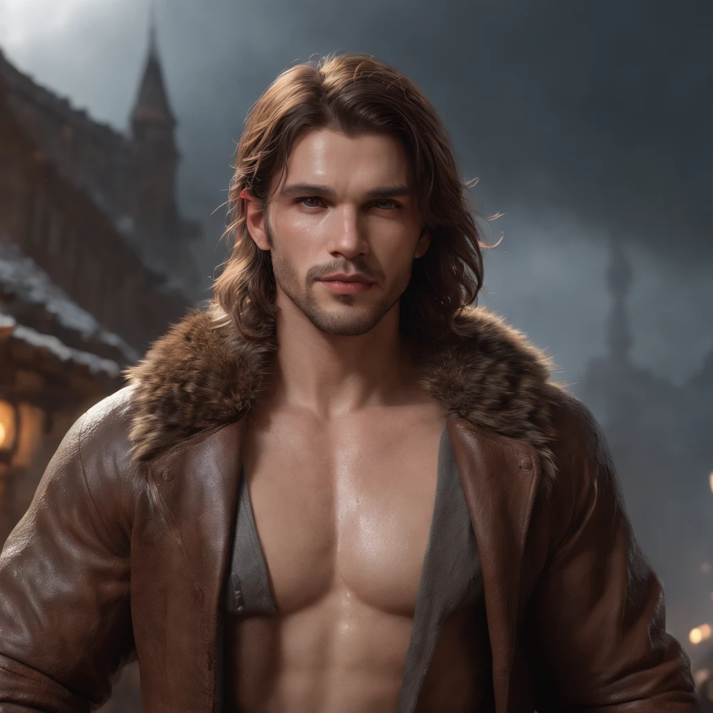 (professional 3d render:1.3) af (Realistic:1.3) most beautiful artwork photo in the world,Features soft and shiny male heroes, ((Epic hero fantasy muscle man rough wet hero angry looking long hair short beard and ferocious expression in dynamic pose, Fantastic location, Majestic cluttered environment)), full body 8k unity render, action shot, skin pore, very dark lighting, heavyshading, Detailed, Detailed face, (vibrant, photograph realistic, Realistic, Dramatic, Dark, Sharp focus, 8K), (Old leather garments damaged by weathering:1.4), ((((Wear fur)))), (Intricate:1.4), decadent, (Highly detailed:1.4), Digital painting, rendering by octane, art stations, concept-art, smooth, Sharp focus, illustration, Art germ, (loish:0.23), wlop ilya kuvshinov, and greg rutkowski and alphonse mucha gracias, (Global illumination, Studio light, volumettic light), heavy rain, particles floating, lotr, fantasy, elf, full bodyesbian, ((Dark and ancient city background:1.3)),CGSesociety,art stations
