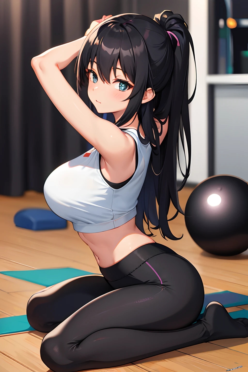 gym, workout, hot, sweating, sweaty, tan, big boobs, tan skin, flustered, blush, black clothes, see thru, yoga pants, black hair, sitting on exercise ball, gym ball, exercise ball